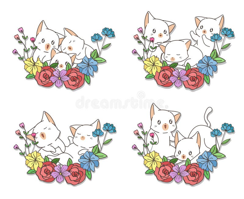 Gatos kawaii dibujados a mano con flores ilustración del vector