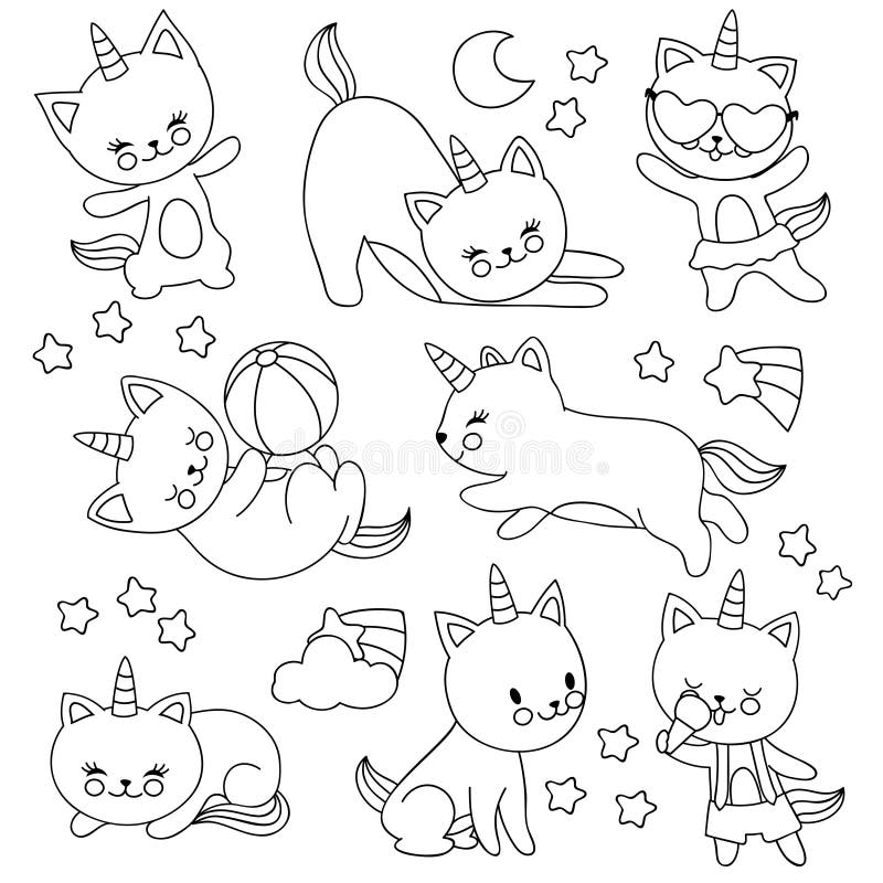 Gatos Lindos Dibujados Mano Del Unicornio Del Vuelo Personajes De