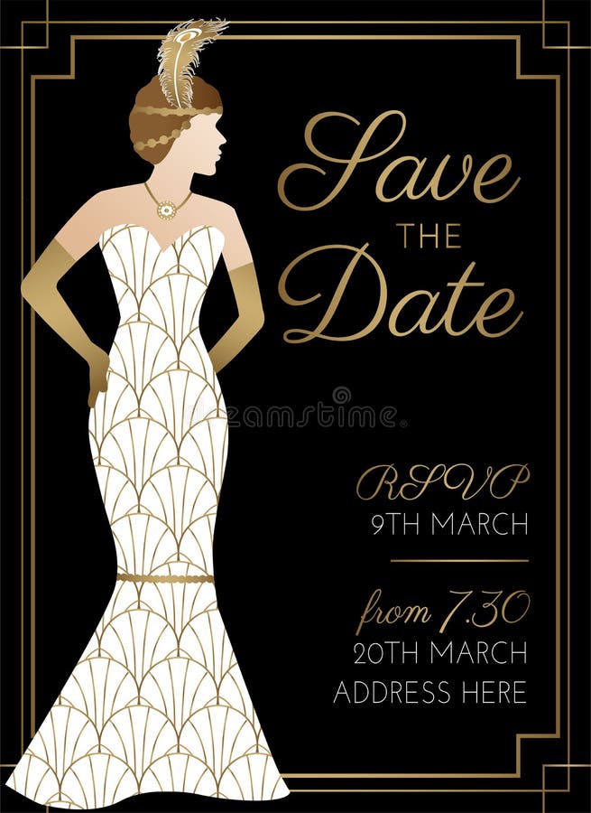 Pasado Brillante Preservativo Gatsby Art Deco Guardar Diseño De Invitación a Matrimonio Con Mujer Vestida  De Novia Blanca Ilustración del Vector - Ilustración de gatsby, estilo:  164090892