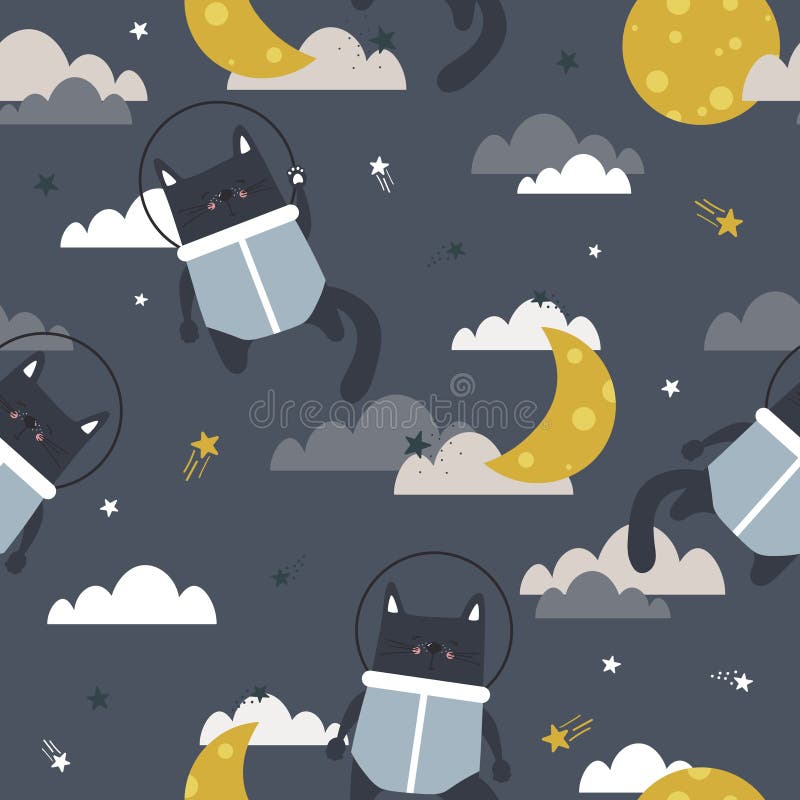Gatti - astronauti, luna, nuvole e stelle, modello senza cuciture variopinto Fondo sveglio decorativo con gli animali ed il cielo illustrazione vettoriale Gatti - astronauti, luna, nuvole e stelle, modello senza cuciture variopinto Fondo sveglio decorativo con gli animali ed il cielo illustrazione vettoriale