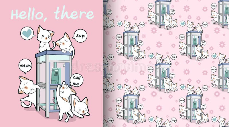 Gatti di kawaii e modello senza cuciture della cabina telefonica illustrazione di stock Gatti di kawaii e modello senza cuciture della cabina telefonica illustrazione di stock