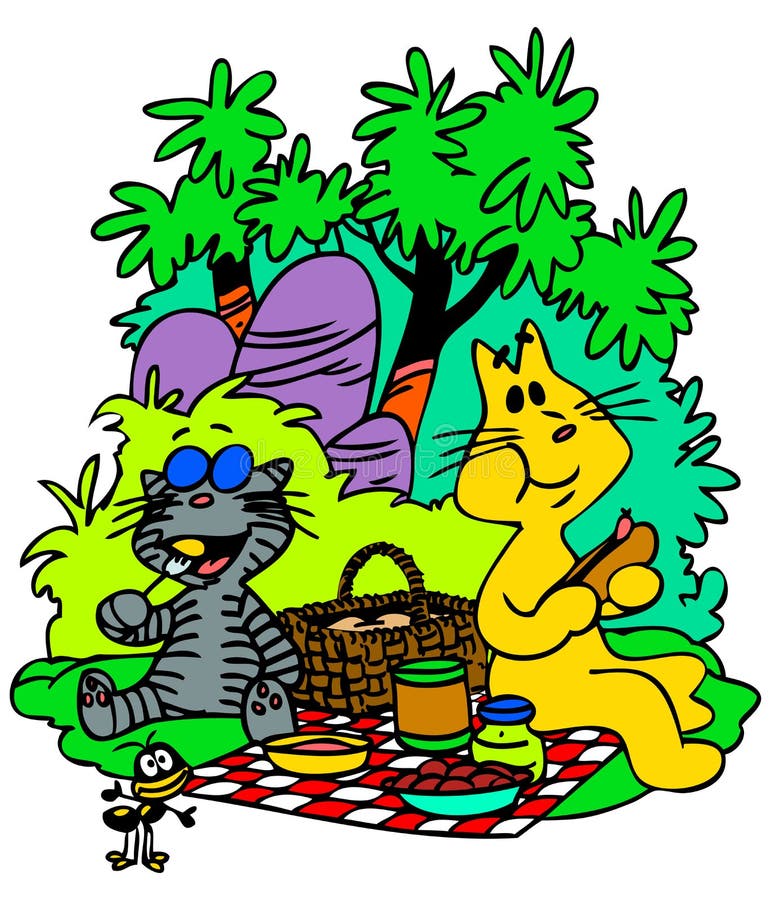 Cartoon Cats making picnic in the forest. Cartoon Cats making picnic in the forest.