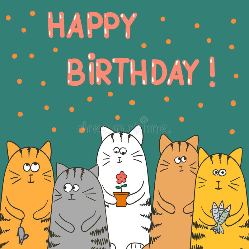 Gatti divertenti con i presente Modello della carta di vettore di compleanno illustrazione di stock