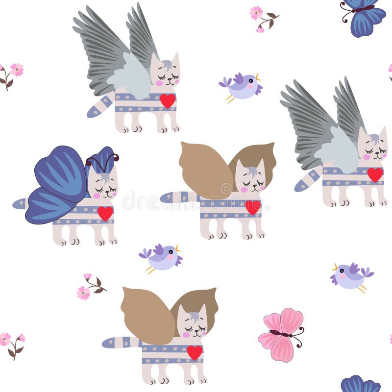 Gattino alato del soriano, uccelli divertenti, piccole farfalle blu e rosa dei fiori, sul modello senza cuciture del fondo bianco illustrazione vettoriale Gattino alato del soriano, uccelli divertenti, piccole farfalle blu e rosa dei fiori, sul modello senza cuciture del fondo bianco illustrazione vettoriale