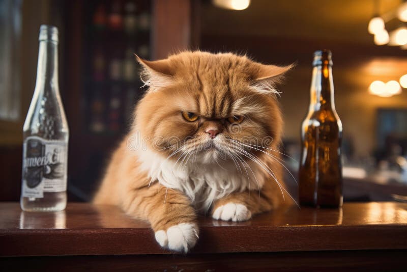 Gattino allo zenzero grigio iperrealistico in un bar con due bottiglie di birra vuote simboleggiano le pressioni della vita quotid illustrazione vettoriale