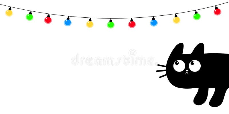 Gattino che sbircia dietro l'angolo. luci di natale impostate. luce di fiamma. ghirlanda con lampadina. kawaii, bel cartone animat illustrazione vettoriale