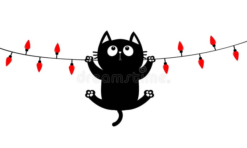 Gatto appeso alla ghirlanda di ardore backlight. Luci di Buon Natale. Insieme leggero leggiadramente variopinta della stringa. For illustrazione vettoriale