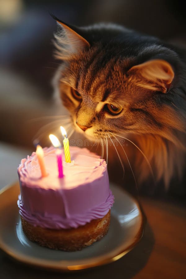 Gatto carino e cocciuto che si gode una torta di compleanno con candele in un'atmosfera accogliente e invitante illustrazione vettoriale
