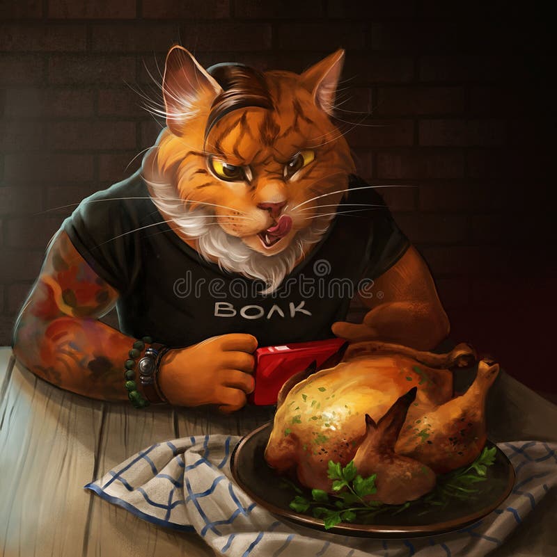 Gatto che esamina pollo fritto illustrazione vettoriale Gatto che esamina pollo fritto illustrazione vettoriale
