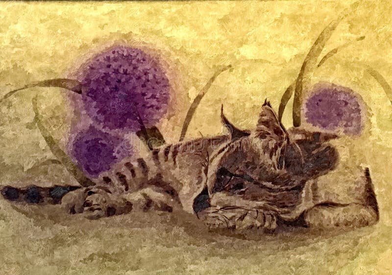 Gatto e denti di leone lanuginosi Ritratto Acquerello bagnato di verniciatura su carta Arte ingenuo Acquerello del disegno su car illustrazione di stock Gatto e denti di leone lanuginosi Ritratto Acquerello bagnato di verniciatura su carta Arte ingenuo Acquerello del disegno su car illustrazione di stock
