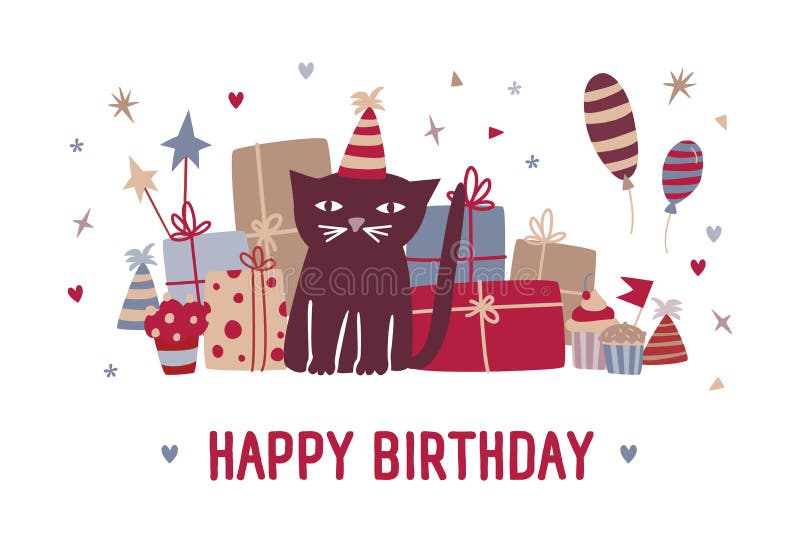 Gatto nero di desiderio di buon compleanno e del fumetto divertente in cappello del partito che si siede contro i regali, bigné, illustrazione vettoriale Gatto nero di desiderio di buon compleanno e del fumetto divertente in cappello del partito che si siede contro i regali, bigné, illustrazione vettoriale