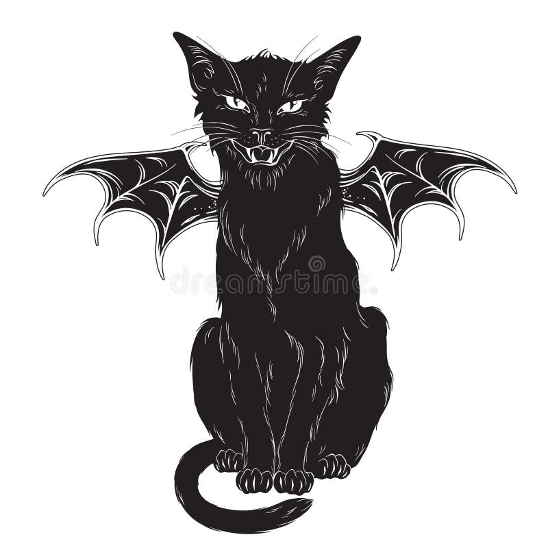 Gatto nero terrificante con le ali del mostro isolate sopra fondo bianco Spirito esperto di Wiccan, Halloween o PR pagano di tema