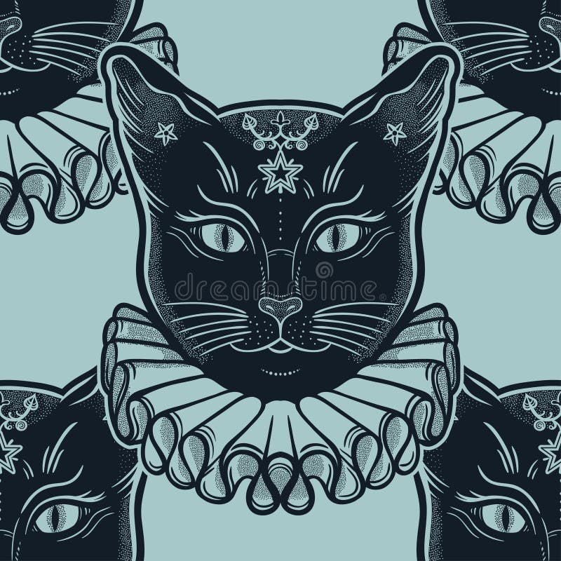 Gatto nero in un modello senza cuciture del collare d'annata Fondo magico occulto per gli amanti dell'animale domestico