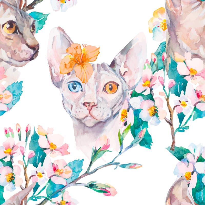 Gatto Sphynx elegante del modello disegnato a mano e fiore tropicale Ritratto di modo del gatto sphinx Reticolo della sorgente Fi illustrazione vettoriale Gatto Sphynx elegante del modello disegnato a mano e fiore tropicale Ritratto di modo del gatto sphinx Reticolo della sorgente Fi illustrazione vettoriale