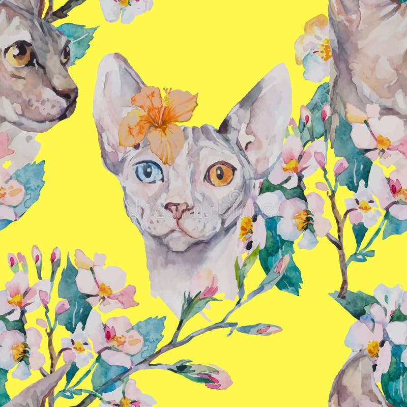 Gatto Sphynx elegante del modello disegnato a mano e fiore tropicale Ritratto di modo del gatto sphinx Reticolo della sorgente Fi illustrazione vettoriale Gatto Sphynx elegante del modello disegnato a mano e fiore tropicale Ritratto di modo del gatto sphinx Reticolo della sorgente Fi illustrazione vettoriale