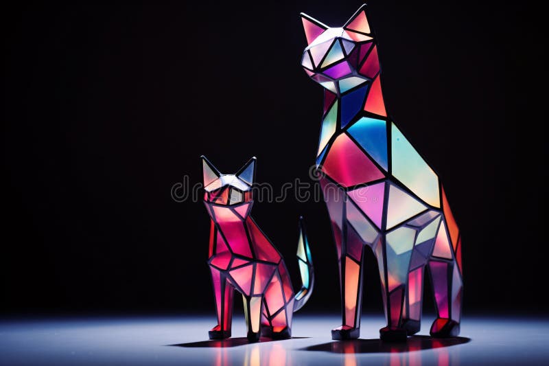 Gatto in vetro macinato 3d con forme geometriche colorate. Il gatto in vetro macchiato in 3d è un'opera d'arte che presenta forme geometriche colorate e uno sfondo nero. sarebbe una grande aggiunta a qualsiasi moderno decorazione per la casa. aie generativa
