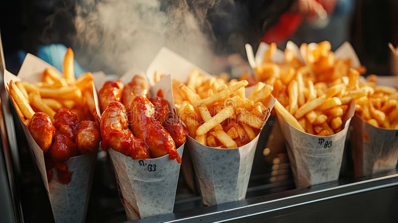 Gatuställ, currywurst och fries i koner. arkivbilder