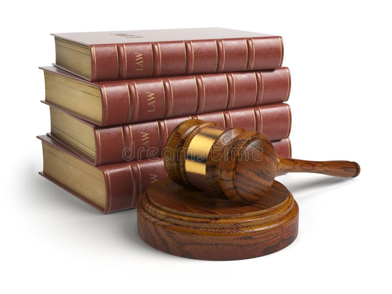 Gavel e libri dell'avvocato isolati su bianco Giustizia, legge e legale