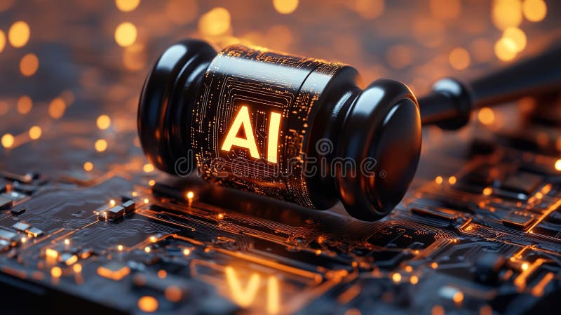 Gavel graviert mit ai auf einer leuchtenden digitalen Leiterplatte. Ai- und Rechtsethik-Schnittpunkt stockfotografie
