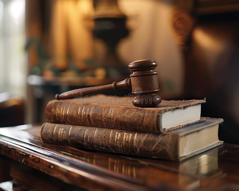 Gavel on law books, classic oak, indirect lighting , clean sharp focus stock illustration