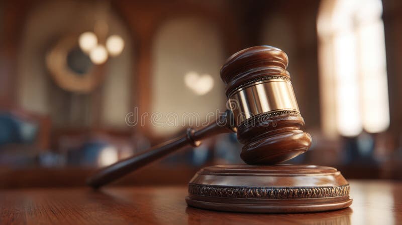 The gavel resting on the block in an elegant courtroom setting. image stock images.