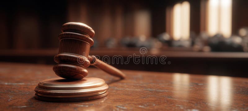 The gavel resting on a wooden table in an elegant courtroom setup. image stock image.