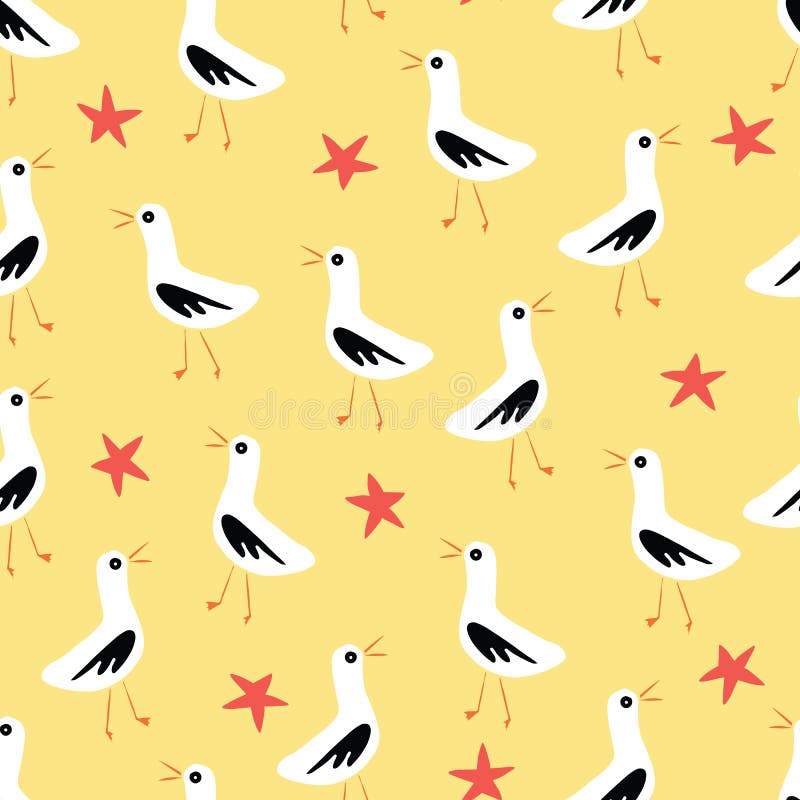 Gaviotas y estrellas de mar en el modelo inconsútil del vector de la playa amarillo ilustración del vector Gaviotas y estrellas de mar en el modelo inconsútil del vector de la playa amarillo ilustración del vector