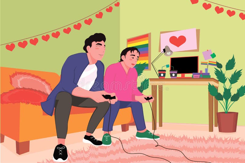 Gay couple playing video game at home. Two young gamer sitting on sofa at home and playing video games. Happy gay couple enjoying time together indoors at home. Vector illustration. LGBT love concept