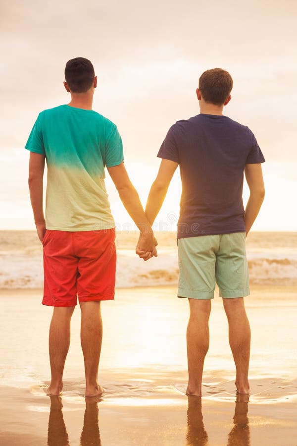 Gay couple watching sunset royalty free stock photo