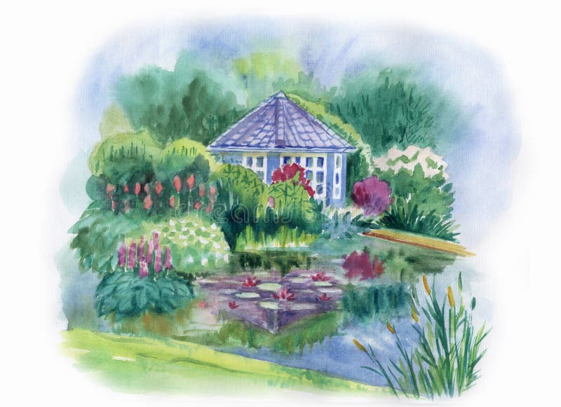 Gazebo in the garden pond. Watercolor landscape with garden and pond