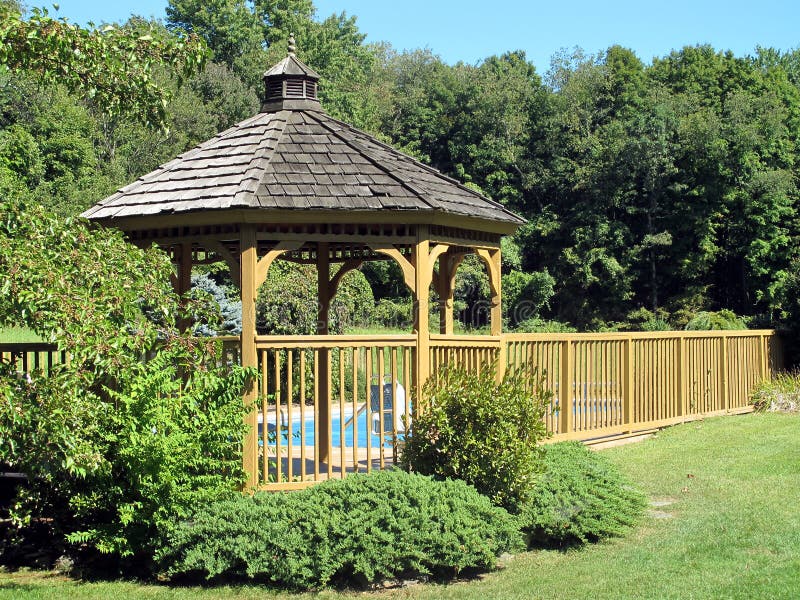 Gazebo and Pool Deck Surrounded by Trees Stock Image Image of gate
