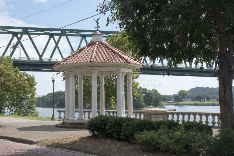 A small gazebo in Marietta, Ohio that overlooks the levee and the Ohio River. The bridge in the background connects Marietta with Williamstown, West Virginia. A small gazebo in Marietta, Ohio that overlooks the levee and the Ohio River. The bridge in the background connects Marietta with Williamstown, West Virginia