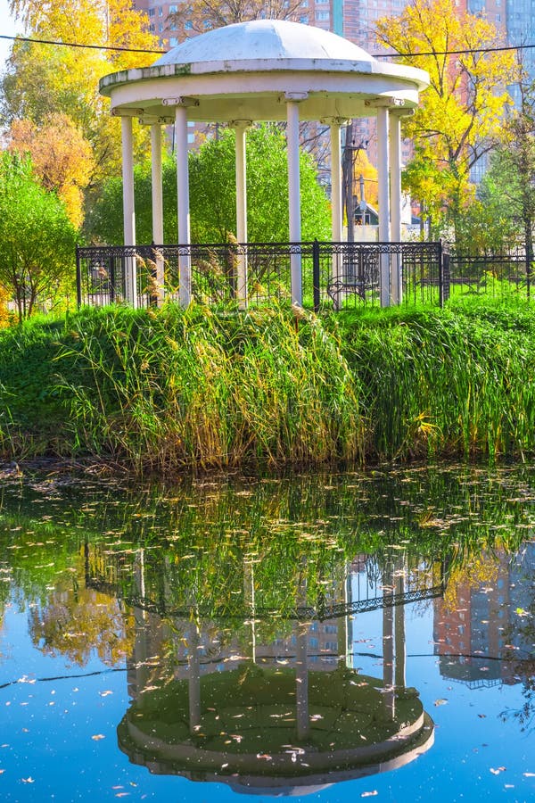 Gazebo in the Park and Its Reflection in Water Stock Image Image of