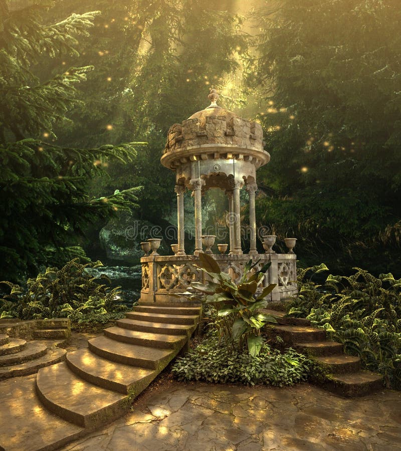 Gazebo romántico del cuento de hadas en el ejemplo mágico del fondo 3D de Forest Fantasy