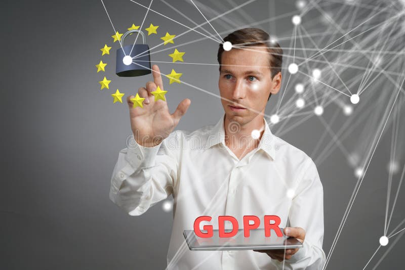GDPR-begrepp Reglering för skydd för allmänna data, skyddet av personliga data Den unga mannen med minnestavlan arbetar med a arkivbilder GDPR-begrepp Reglering för skydd för allmänna data, skyddet av personliga data Den unga mannen med minnestavlan arbetar med a arkivbilder