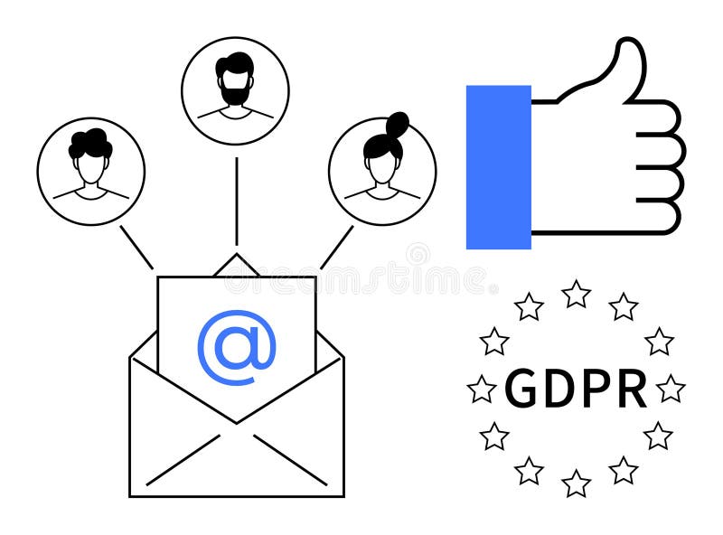 GDPR compliance. GDPR illustrated with email, user consent symbols, and data protection graphics. GDPR ensuring protected communication and secure information sharing. For tech, business, and legal. User consent illustrations