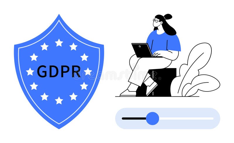 GDPR compliance concept. GDPR shield icon emphasizing data privacy protection with user adjusting settings promoting GDPR awareness, secure online practices, and user consent. Suitable for data. User consent vectors