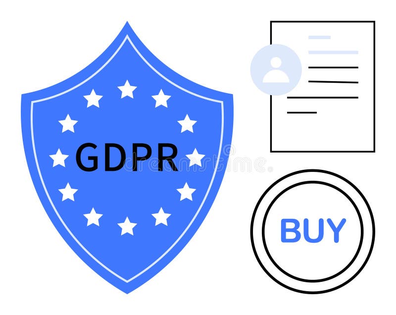 Blue shield with GDPR text and stars, user profile document, and buy button. Ideal for data security, privacy compliance, user rights, online consent, legal frameworks, transparency simple flat. User consent vectors