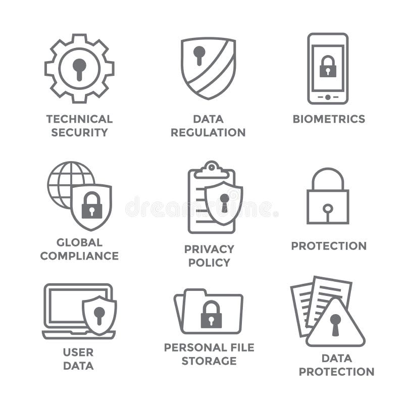 GDPR e icono de la política de privacidad fijado con las cerraduras, los candados y el escudo libre illustration GDPR e icono de la política de privacidad fijado con las cerraduras, los candados y el escudo libre illustration