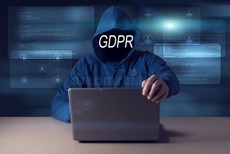 GDPR En hacker som döljer hans framsida bak en reglering för skydd för allmänna data för inskrift arkivfoton GDPR En hacker som döljer hans framsida bak en reglering för skydd för allmänna data för inskrift arkivfoton