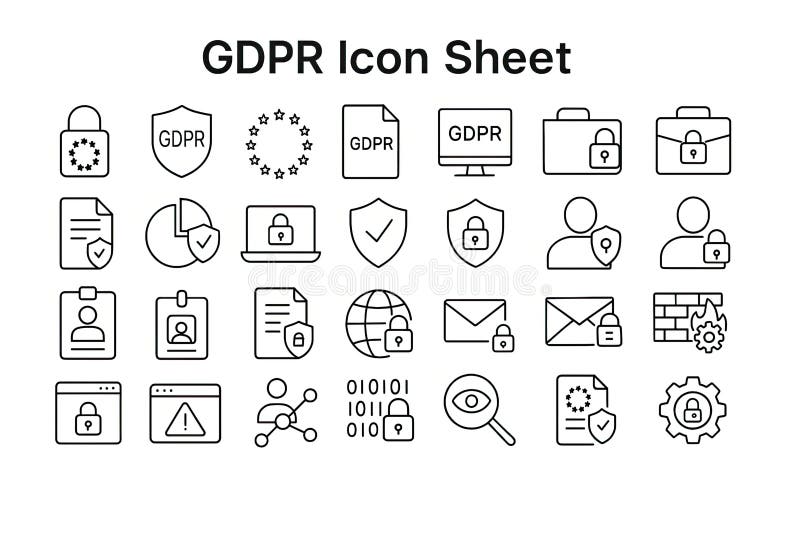 A comprehensive vector icon sheet for GDPR, featuring visuals for data regulation and user consent. These icons are essential for representing privacy compliance, personal data protection, and legal requirements in the digital landscape. User consent vectors