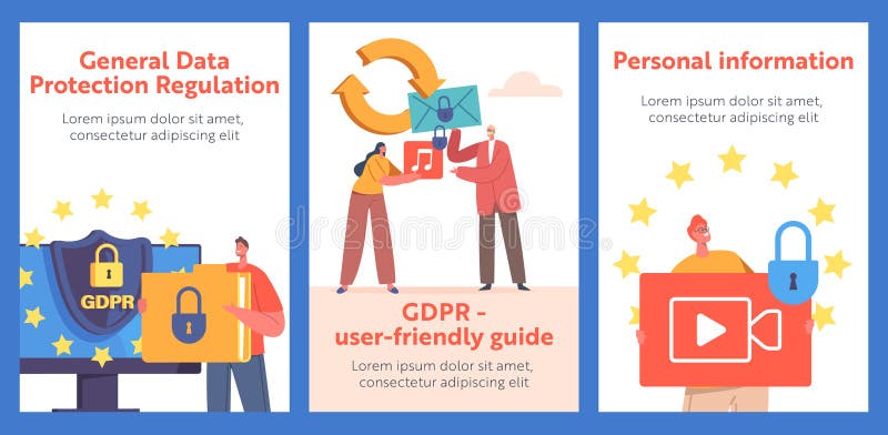GDPR, Privacy Data Protection in Internet, Virtual Private Network Cartoon Banner. Tiny Characters at Huge Computer royalty free illustration