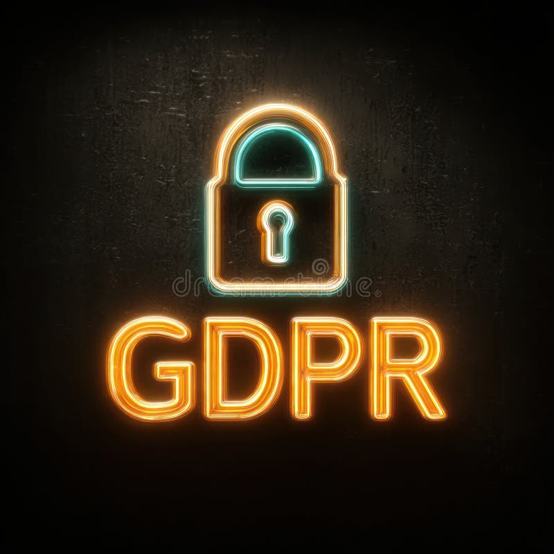 GDPR protection concept with glowing neon lock symbol on dark background representing data security and privacy royalty free stock images