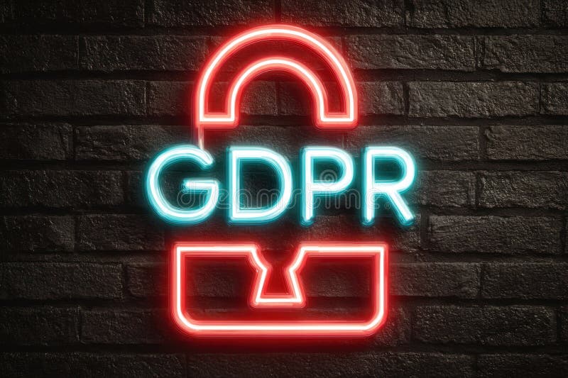 GDPR protection concept shown with glowing neon lock sign on dark brick wall symbolizing data security and privacy in royalty free stock images