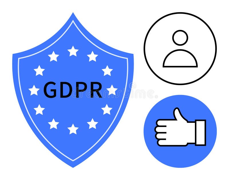 Shield with GDPR text and stars, user icon, and thumbs-up hand. Ideal for data privacy, protection, compliance, regulation, user consent, security awareness simple landing page. User consent vectors