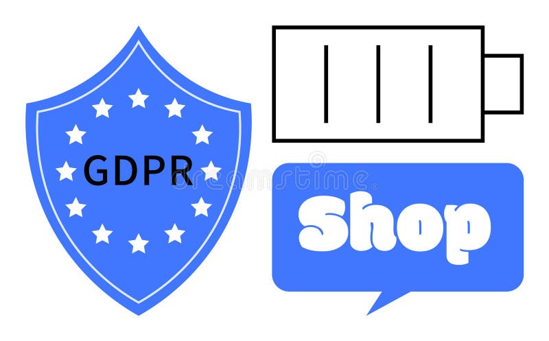 GDPR Shield with Battery and Shop Bubble in Blue and White royalty free illustration