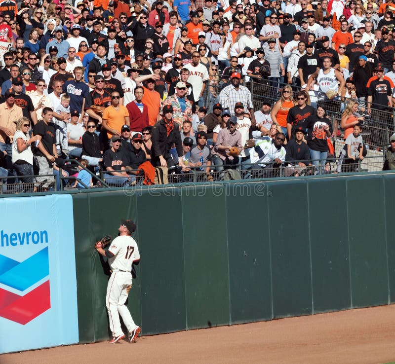 SAN FRANCISCO, CA - JULY 28: San Francisco Giants Vs. Florida Marlins: Aubrey Huff presses into the wall as he Watches a home run fly over his head in left field at AT&T Park July 28, 2010 in San Francisco, California. SAN FRANCISCO, CA - JULY 28: San Francisco Giants Vs. Florida Marlins: Aubrey Huff presses into the wall as he Watches a home run fly over his head in left field at AT&T Park July 28, 2010 in San Francisco, California.