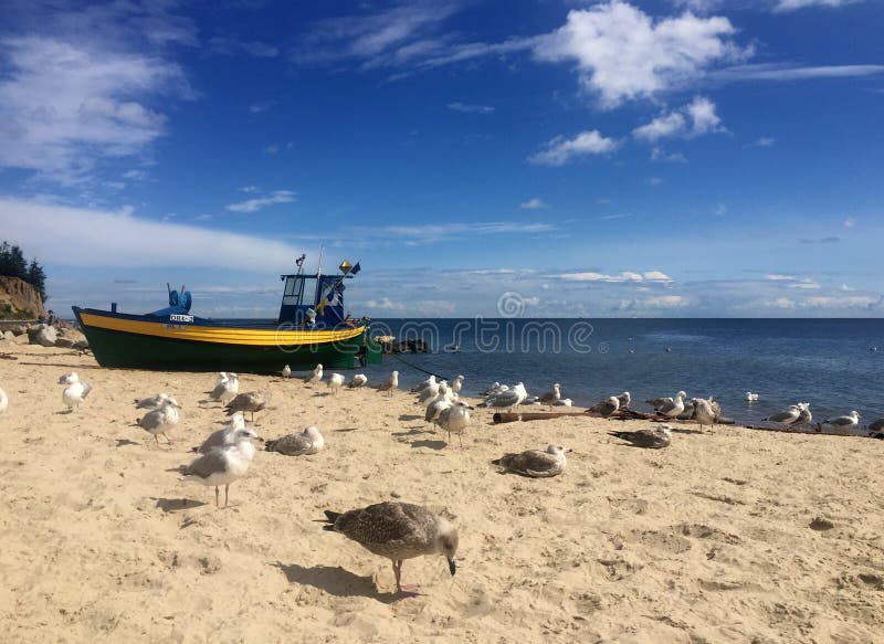 Gdynia Orlowo, plage de la Pologne avec les bateaux de pêche amarrés photographie stock libre de droits Gdynia Orlowo, plage de la Pologne avec les bateaux de pêche amarrés photographie stock libre de droits