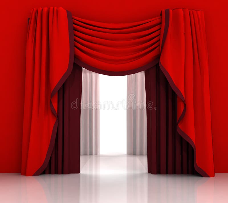 Geöffneter Roter Vorhang Mit Weißem Hintergrund Stock