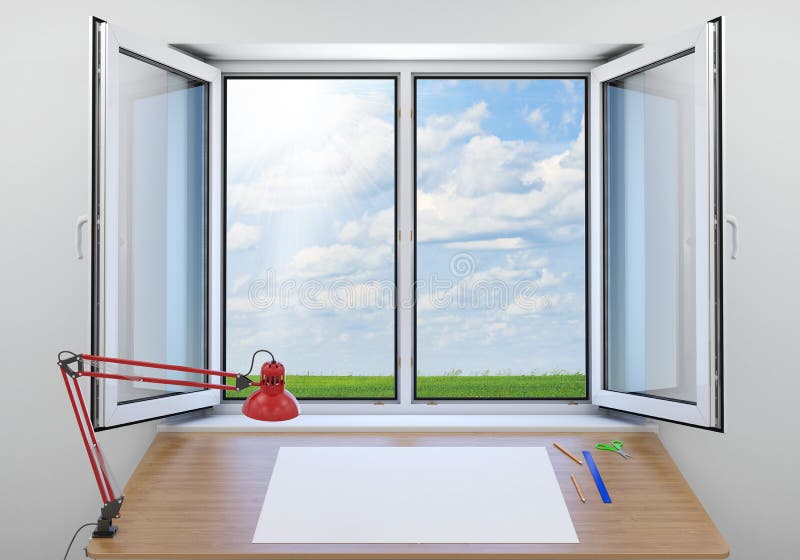 Offenes Fenster Auf Grauer Wand Stock Abbildung